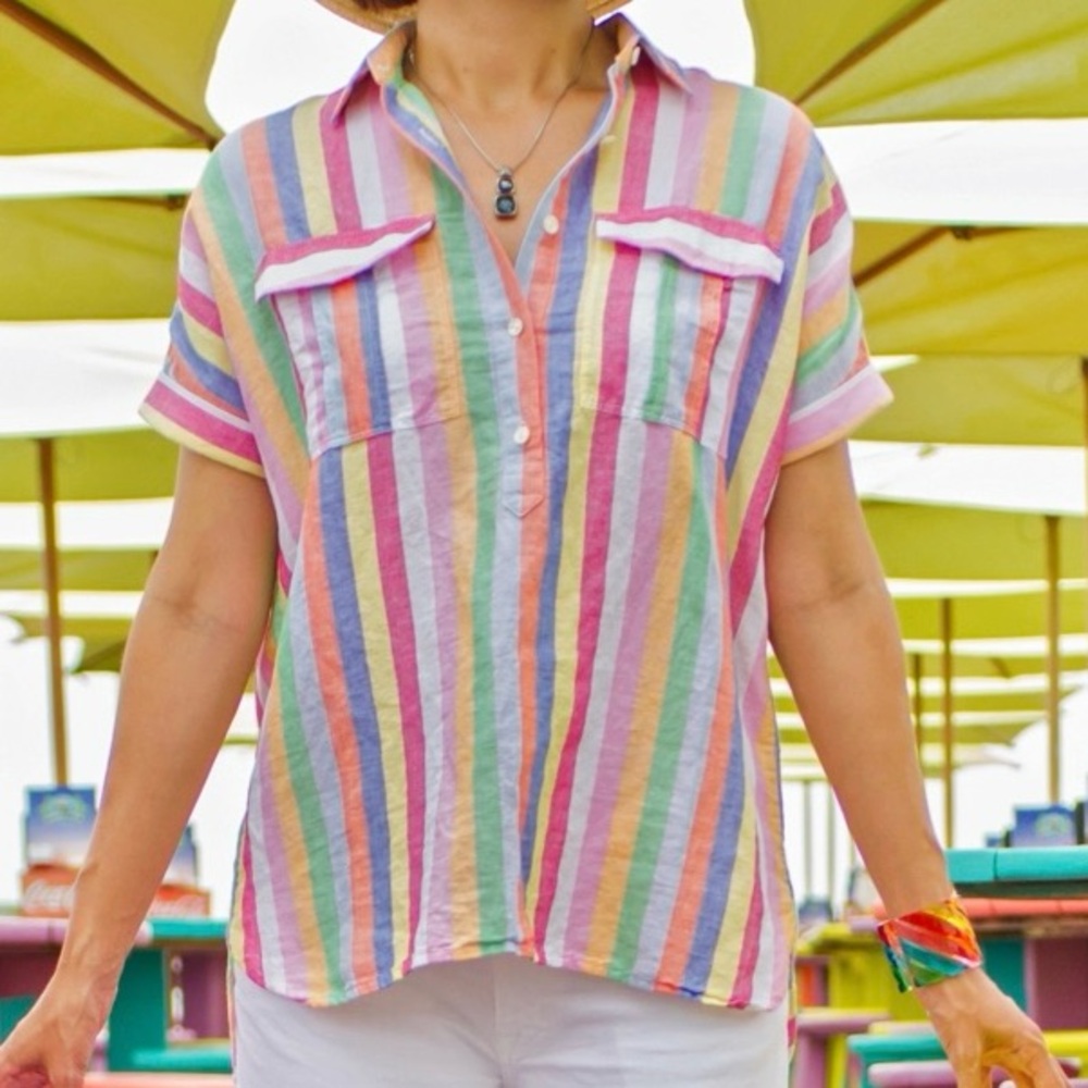 J. Crew Rainbow / Candy Colored Stripes Linen Popover (Size 4, Barely worn)